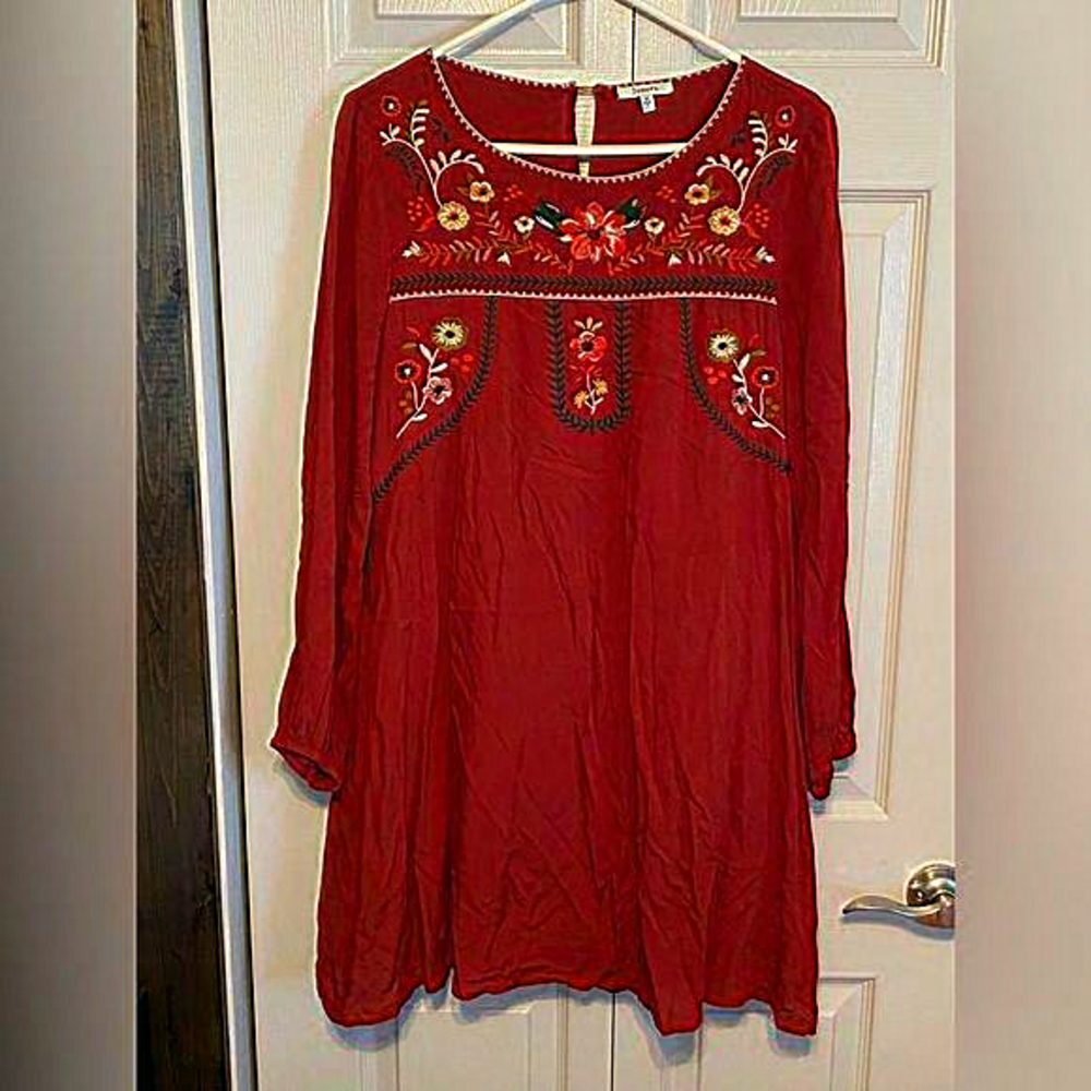 JODIFL Red Long Sleeve Embroidered Boho Dress